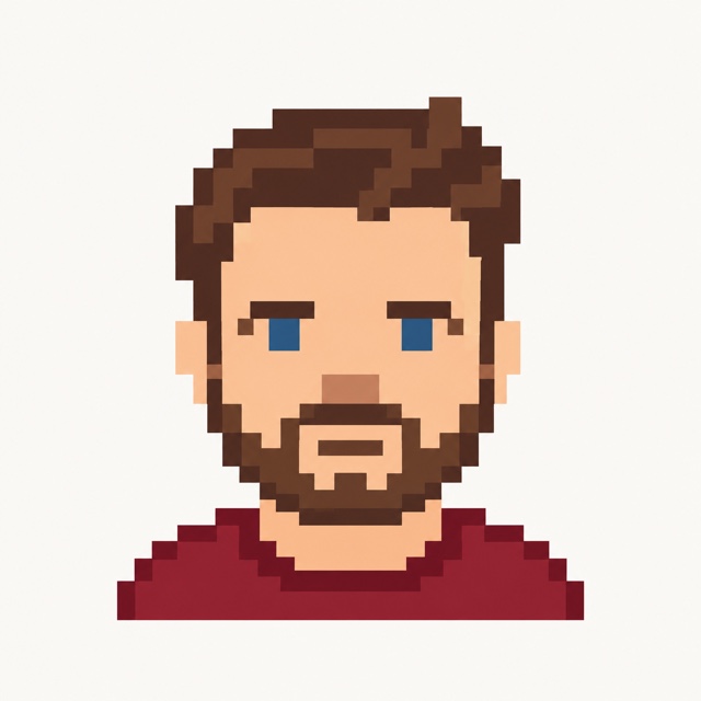 Avatar rétro en pixel art de Matt, cheveux bruns, yeux bleus et barbe courte